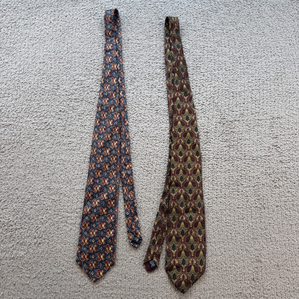 Vintage Bill Blass Silk Necktie Set Blue Burgundy Gold Geometric 90s Mens Ties